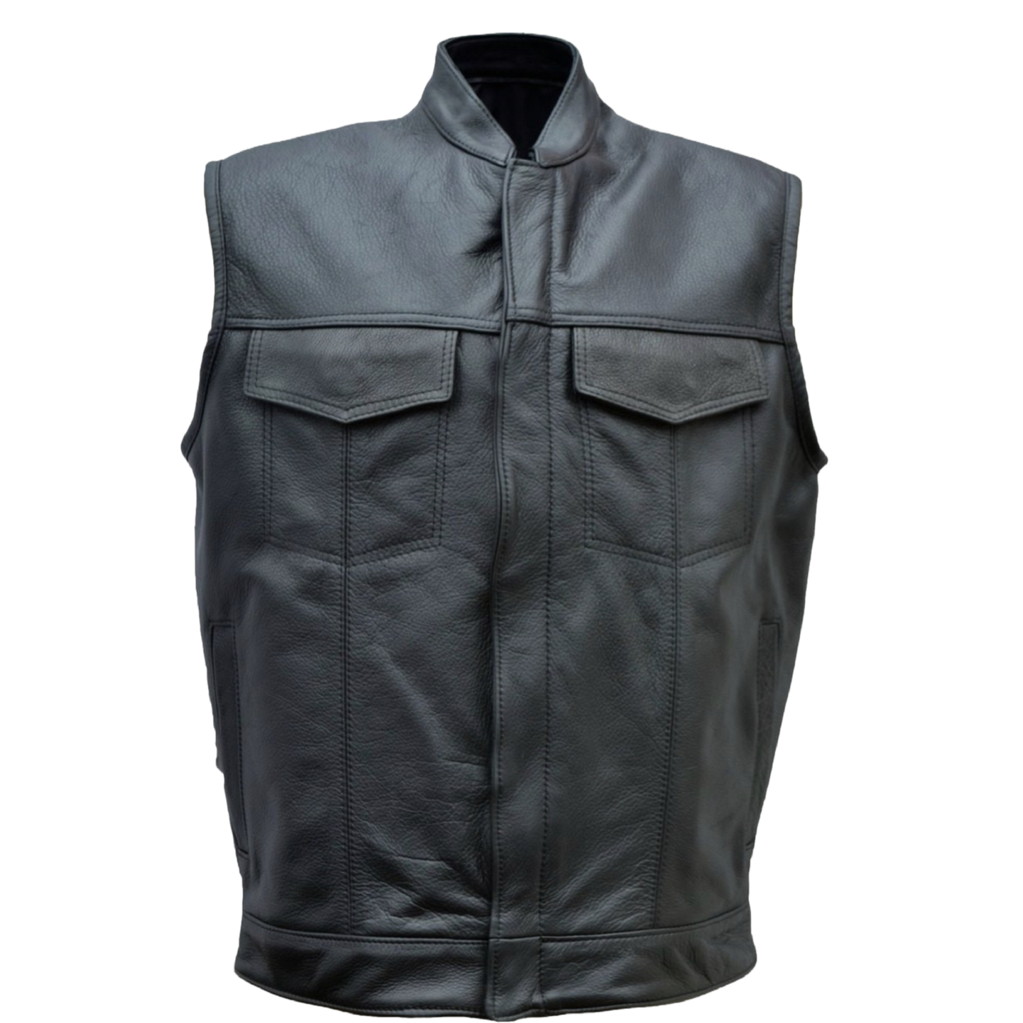 Men's Zipper Front Collar Black Leather Club Vest