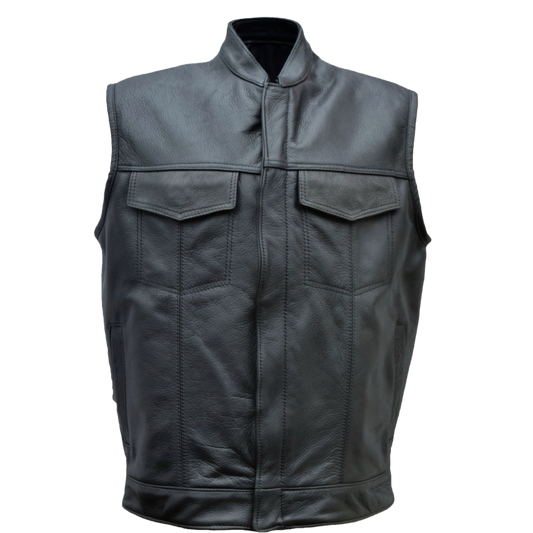 Men's Zipper Front Collar Black Leather Club Vest